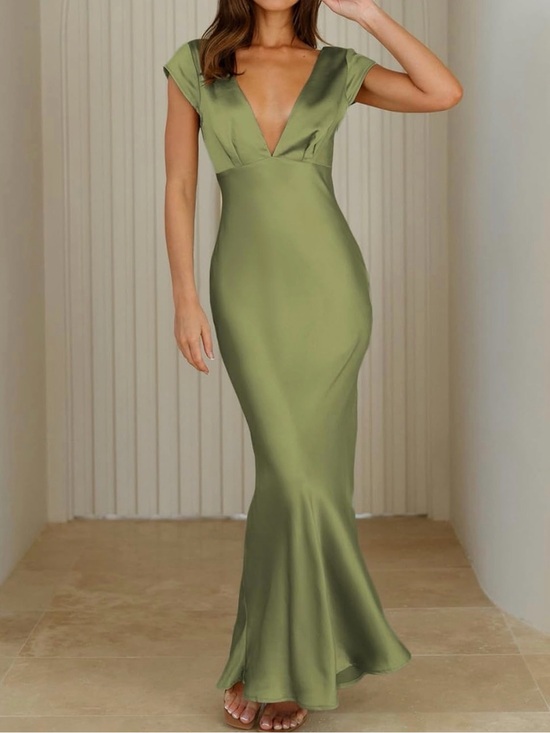 Dresses & Skirts - Olive Green Deep V Cap-Sleeve Maxi Dress
